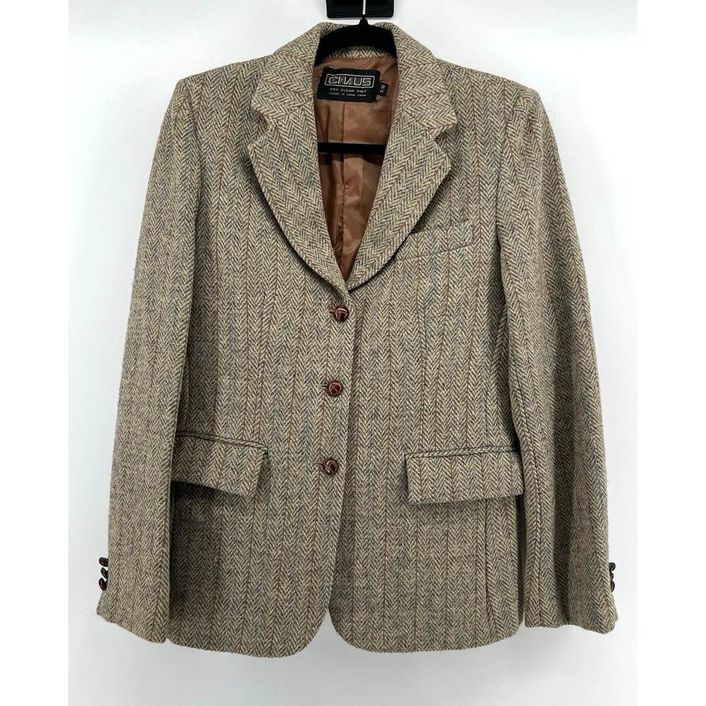 Vintage 80s Chaus Harris Tweed Blazer Womens 9/10 Herringbone Wool Dark Academia
